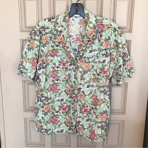 White Stag Blouse Sz10 Sage Green Floral Short Sleeve Detail Button Down Pretty - Picture 1 of 6
